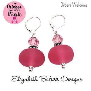 Handmade Drop Earrings: Pink Resin Beads, Swarovski Crystals & Silver, NEW!